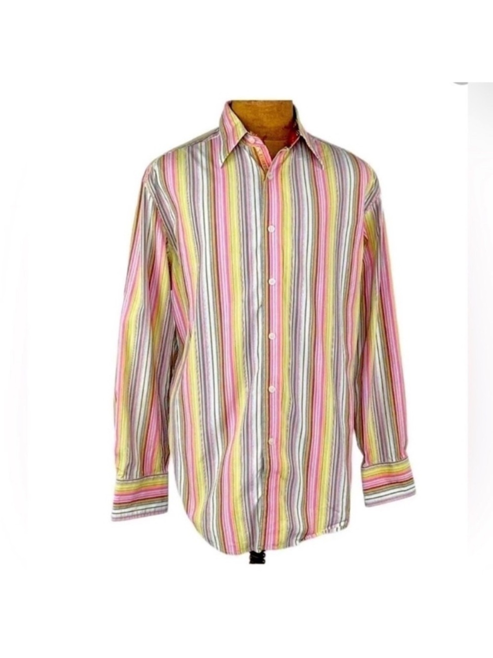 ROBERT GRAHAM Large Pink/Brown Men’s Silk Cotton Striped Shirt business casual